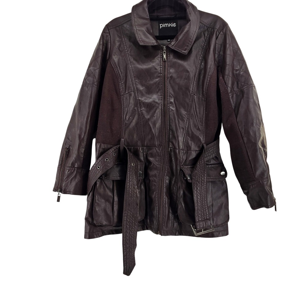 VIntage Pimkie Women‎ Dark Brown Faux Leather Belted Moto Jacket Size 1X Retro
